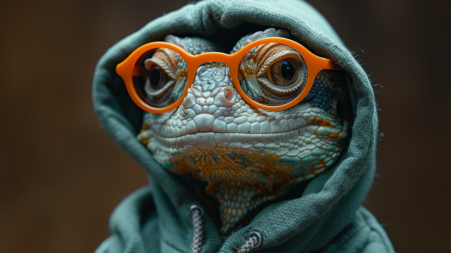 Dragon in green hoodie and orange glasses