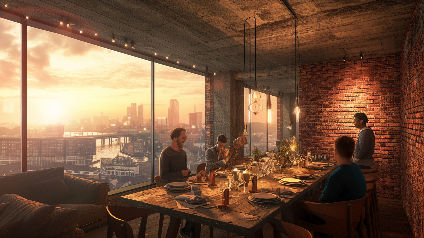 Amsterdam apartment dining room with brick wall