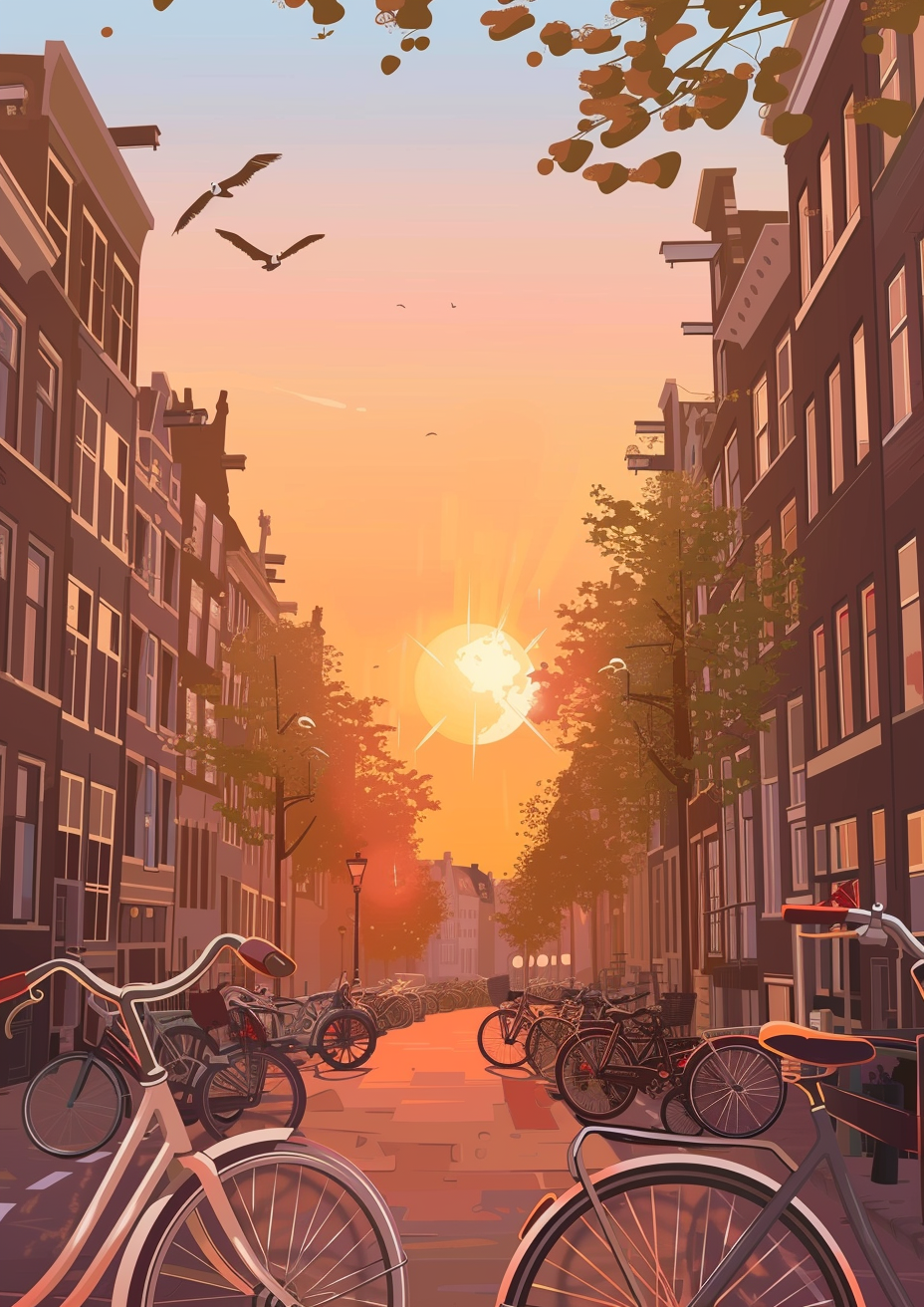 Amsterdam bikes sunset flat vector