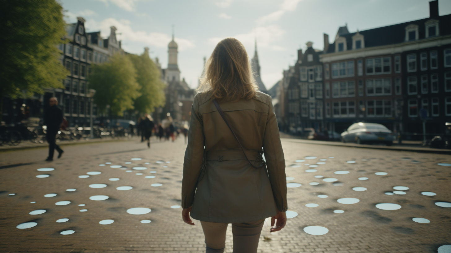 Woman avoiding road holes in Amsterdam