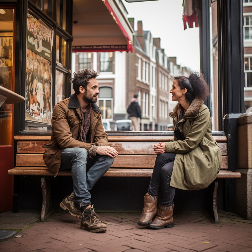 45-year-old woman interviews 30-year-old guy on wooden bench