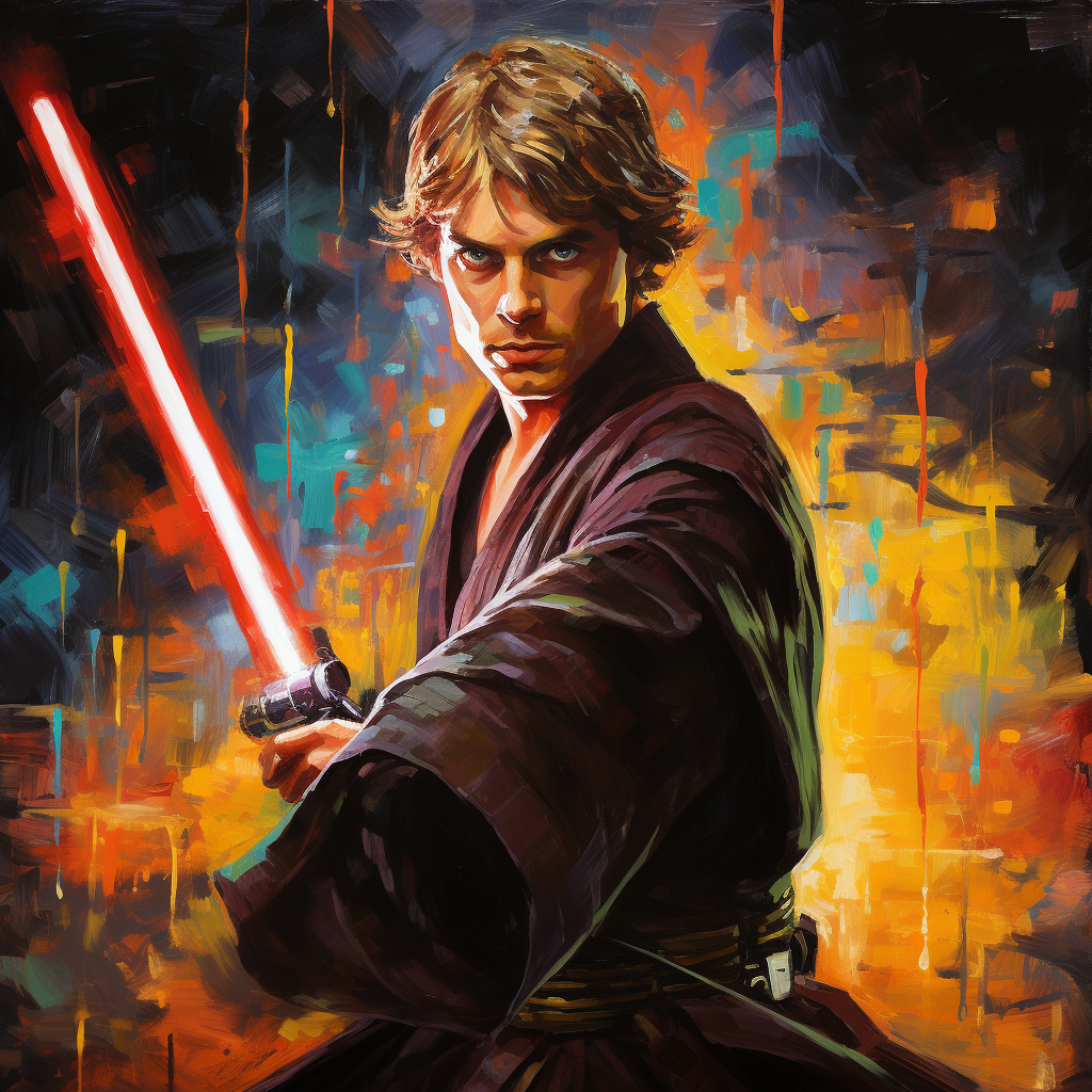 Anakin wielding lightsaber in vibrant painting