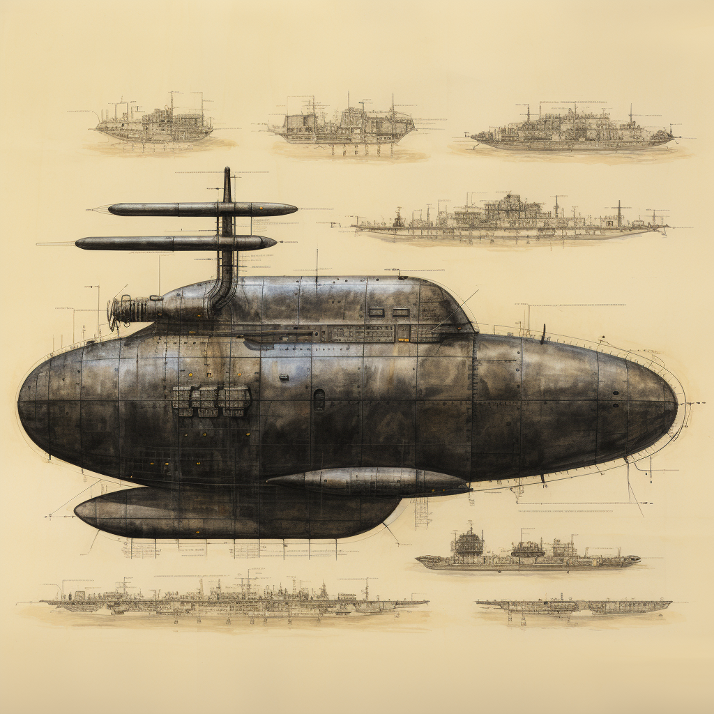 Imposing submarine underwater bombs analytic drawing