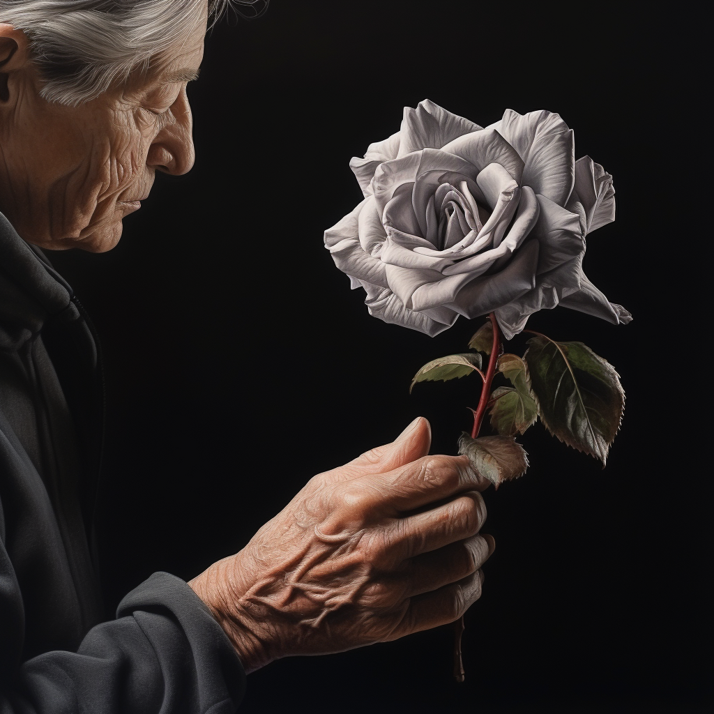 Elderly man holding a flower