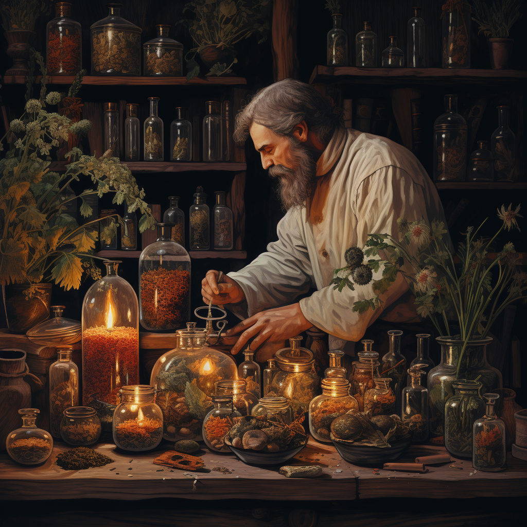 Vintage illustration of an ancient apothecary with herbs and dates