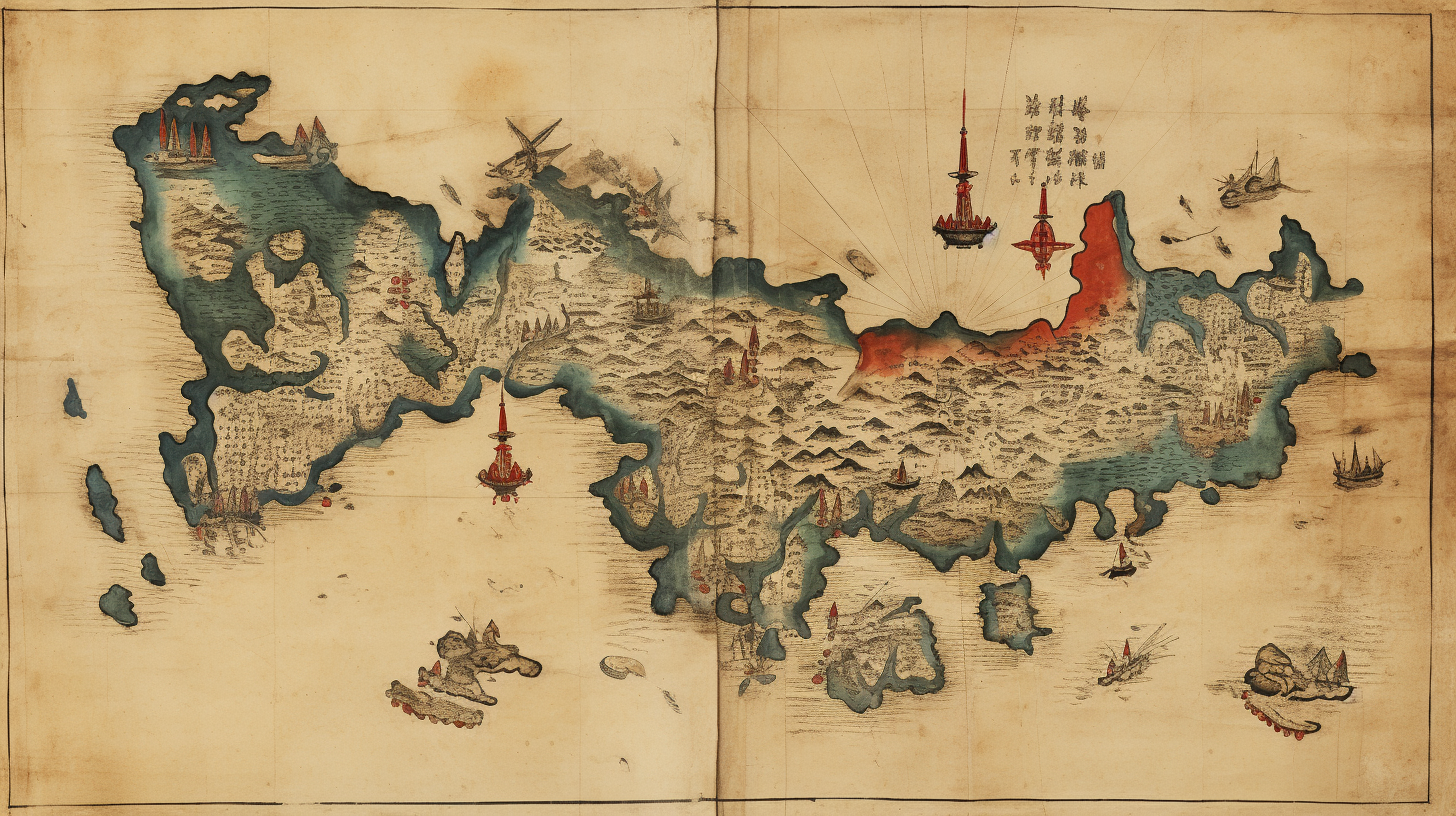 Ancient Asian hand-drawn map artwork