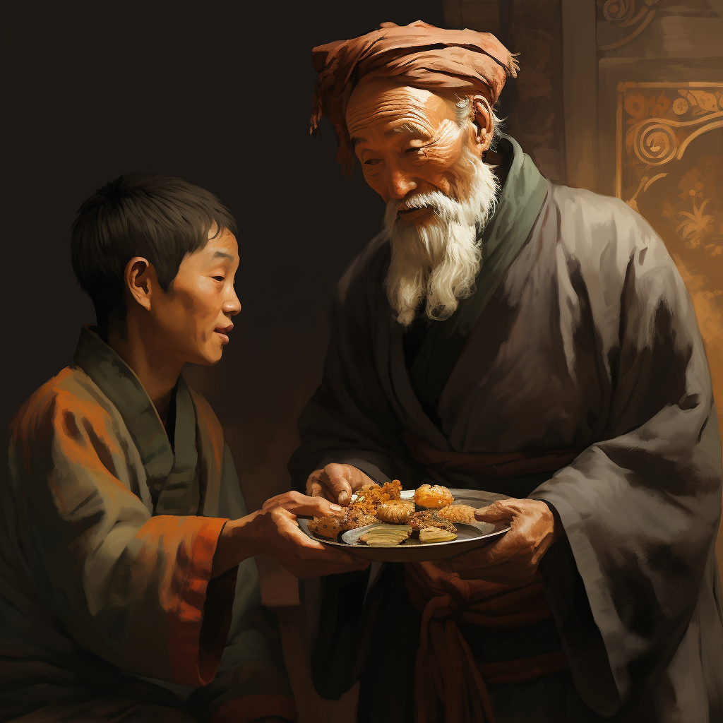 Asian man giving food graciously