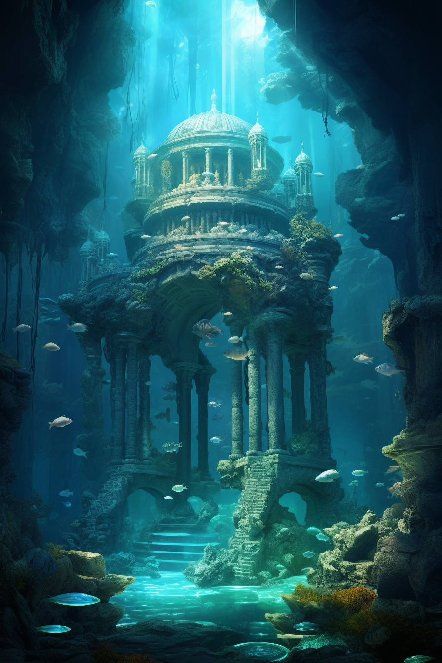 Nostalgic fantasy underwater temple with giant fishman