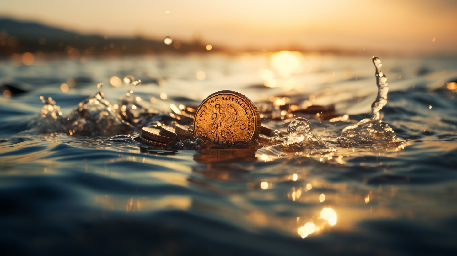 Beautiful worn biblical coin in blue water