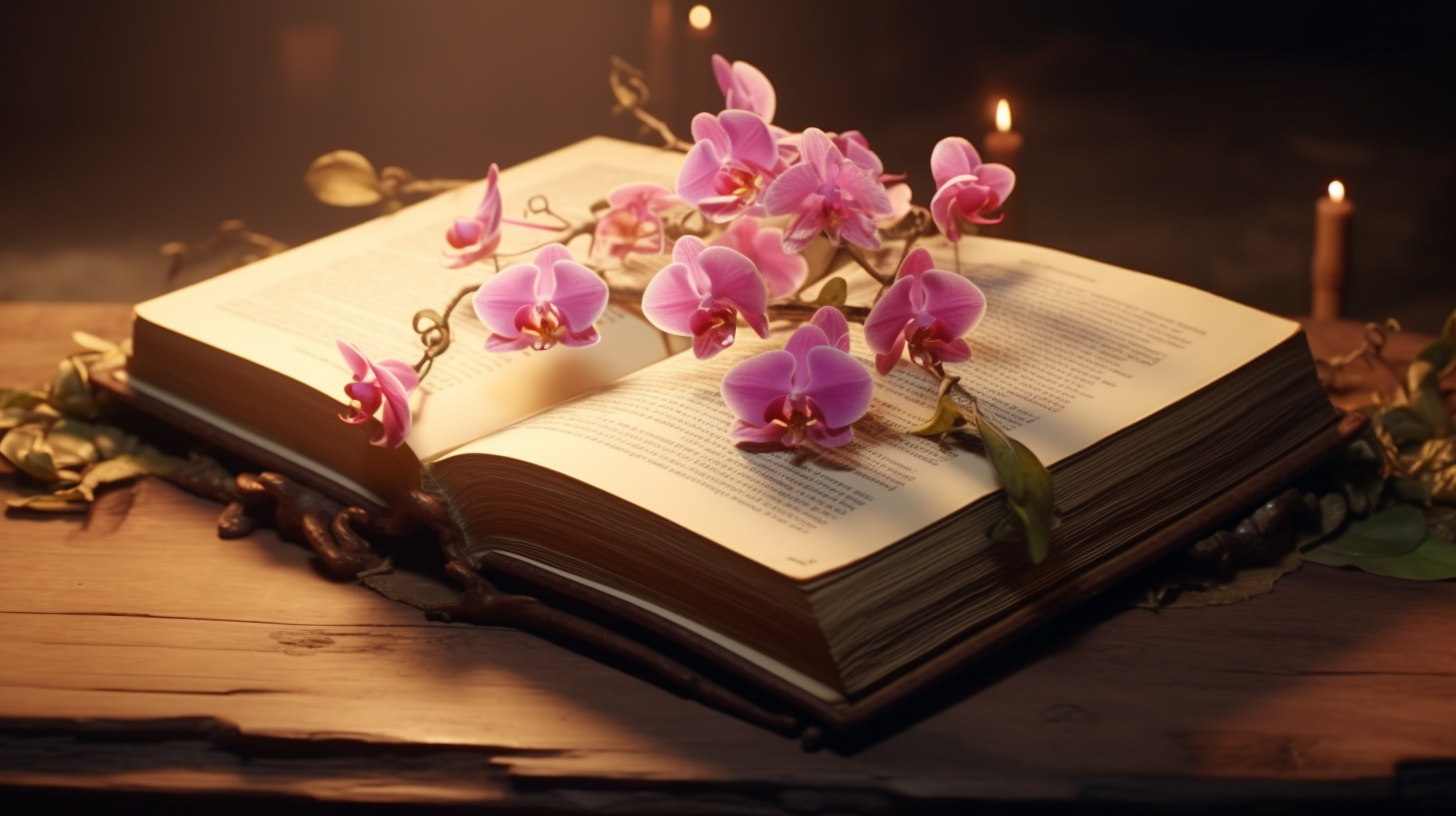 Ancient book describing orchids on wooden table