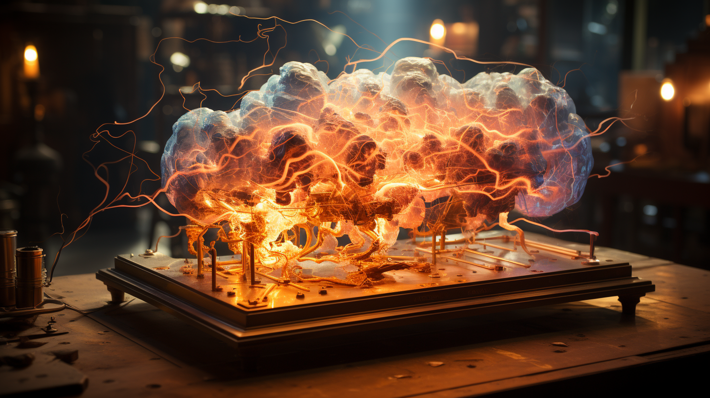 Image of ancient brain on a table with electric sparks