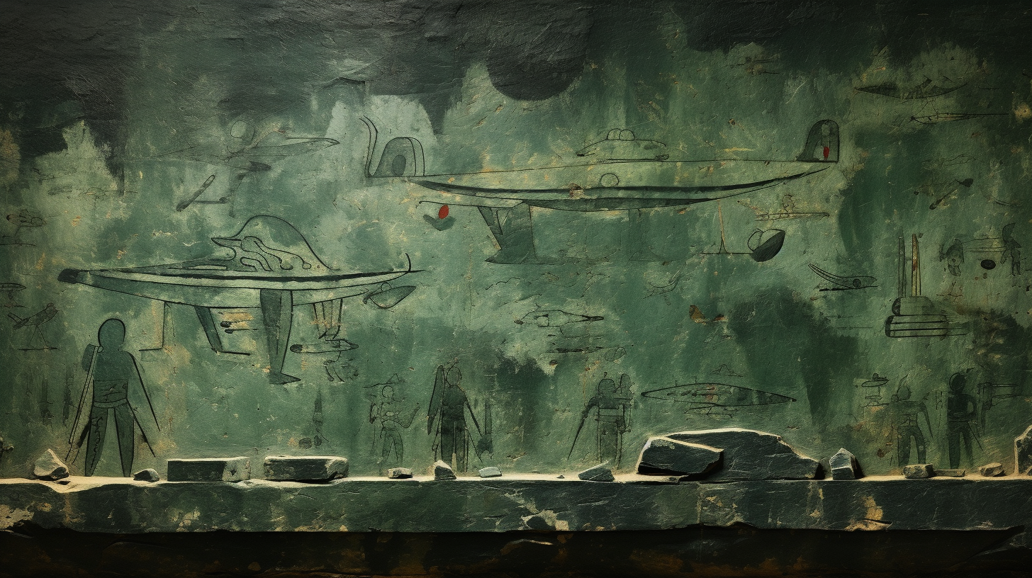 Ancient cave paintings featuring green war tanks