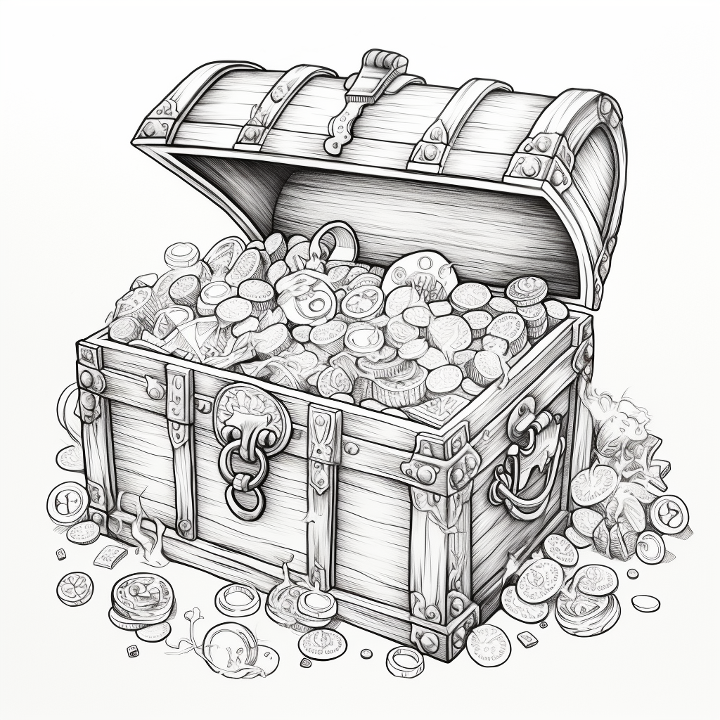 Cartoon image of ancient chest with coins, jewels, and gemstones