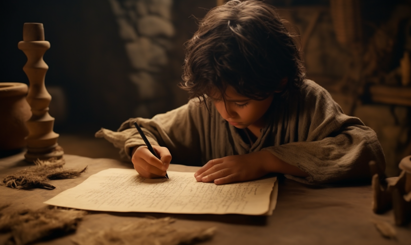 Ancient child copying alphabet on parchment