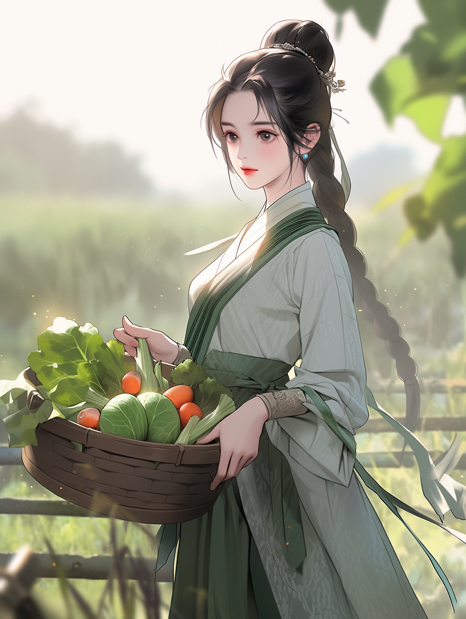 Ancient Chinese lady with wooden basket on veggie farm