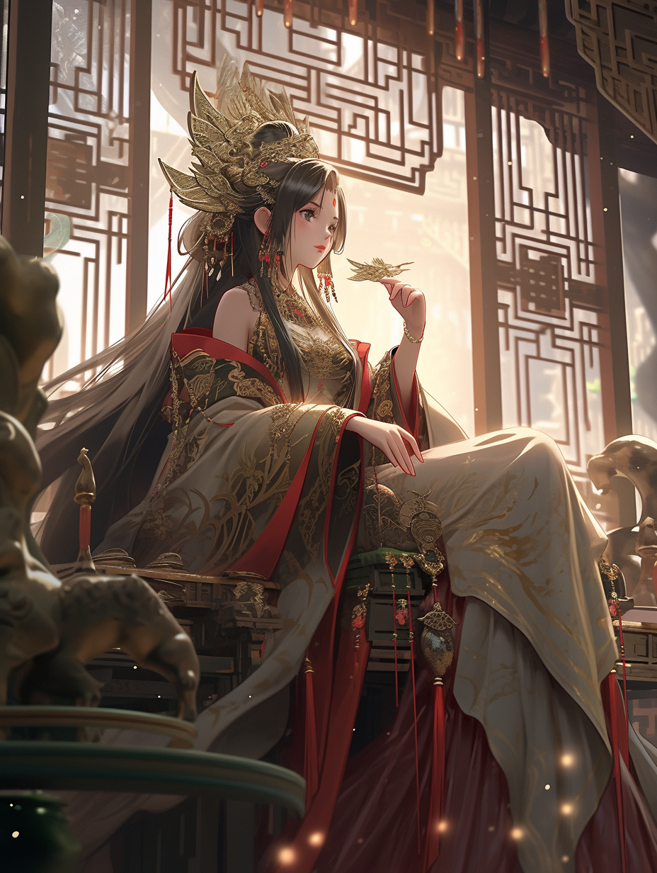 Elegant and Furious Ancient Chinese Queen on Throne