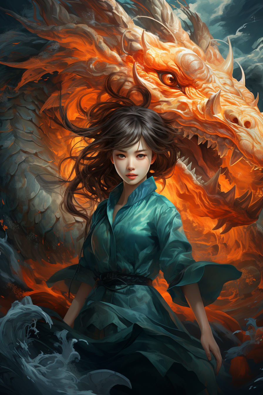 Ancient Chinese girl fighting a black dragon artwork