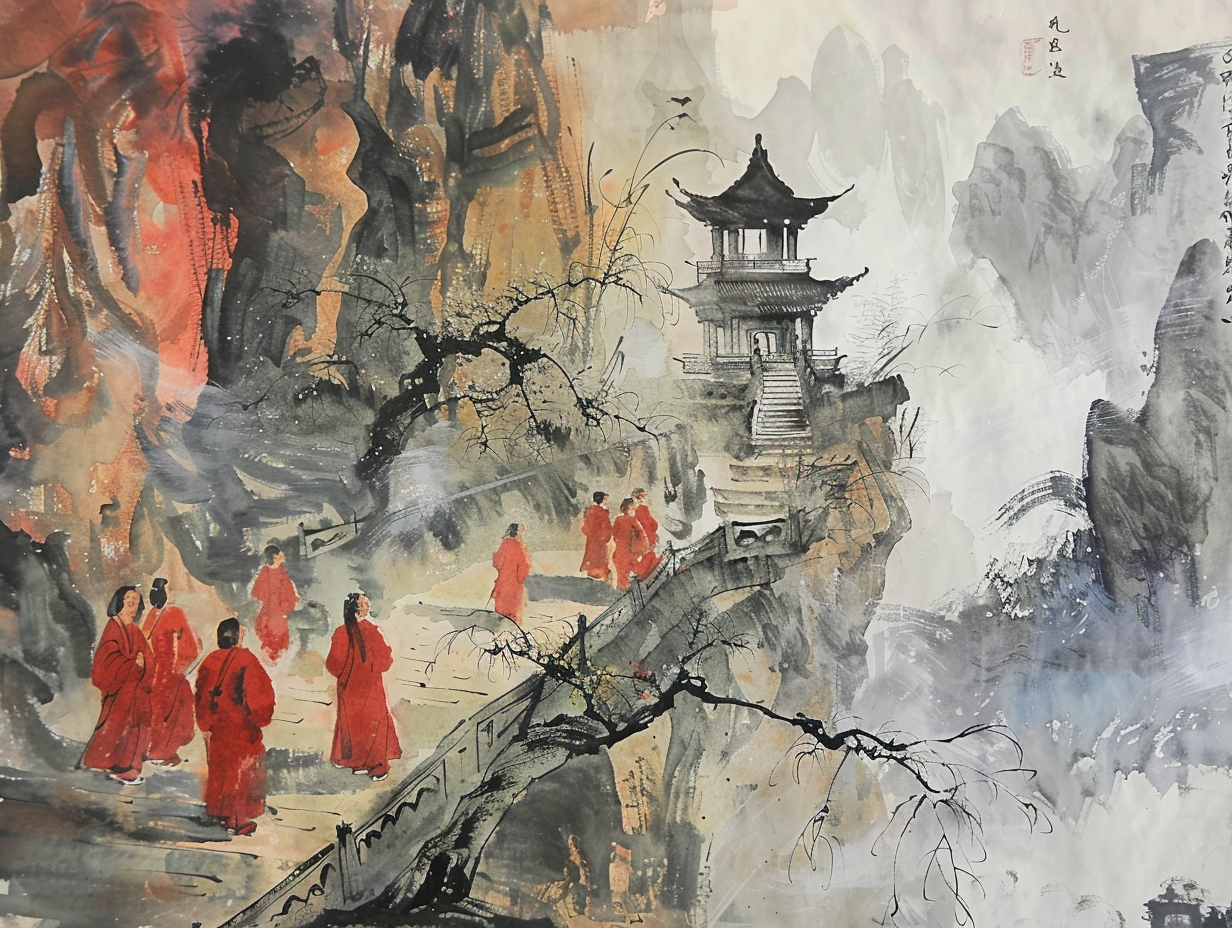 Chinese landscape painting with pedestrians and monks