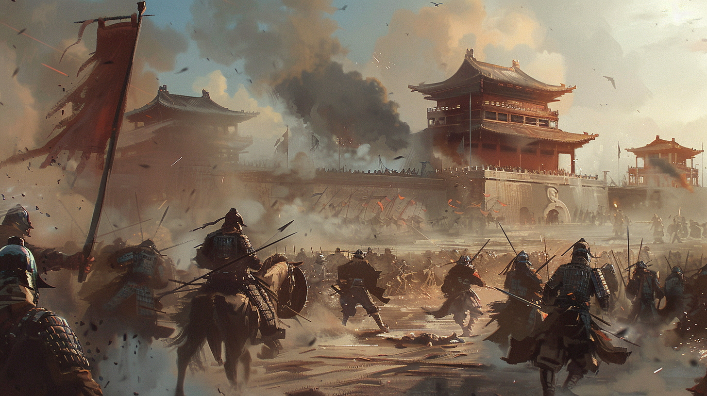 Soldiers in Hanfu armor battle city