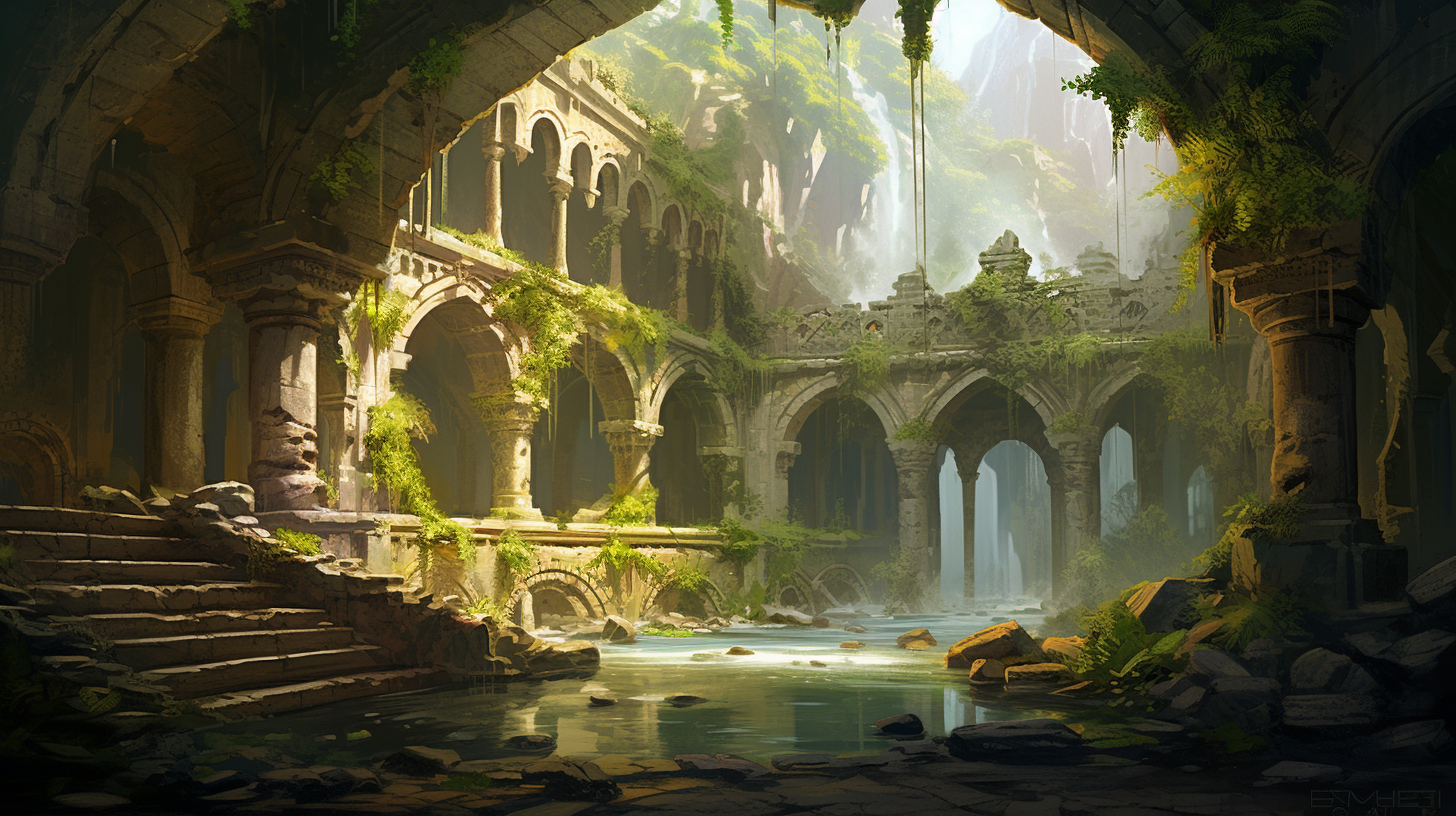 Inside view of ancient civilization with lush plants and flowing stream