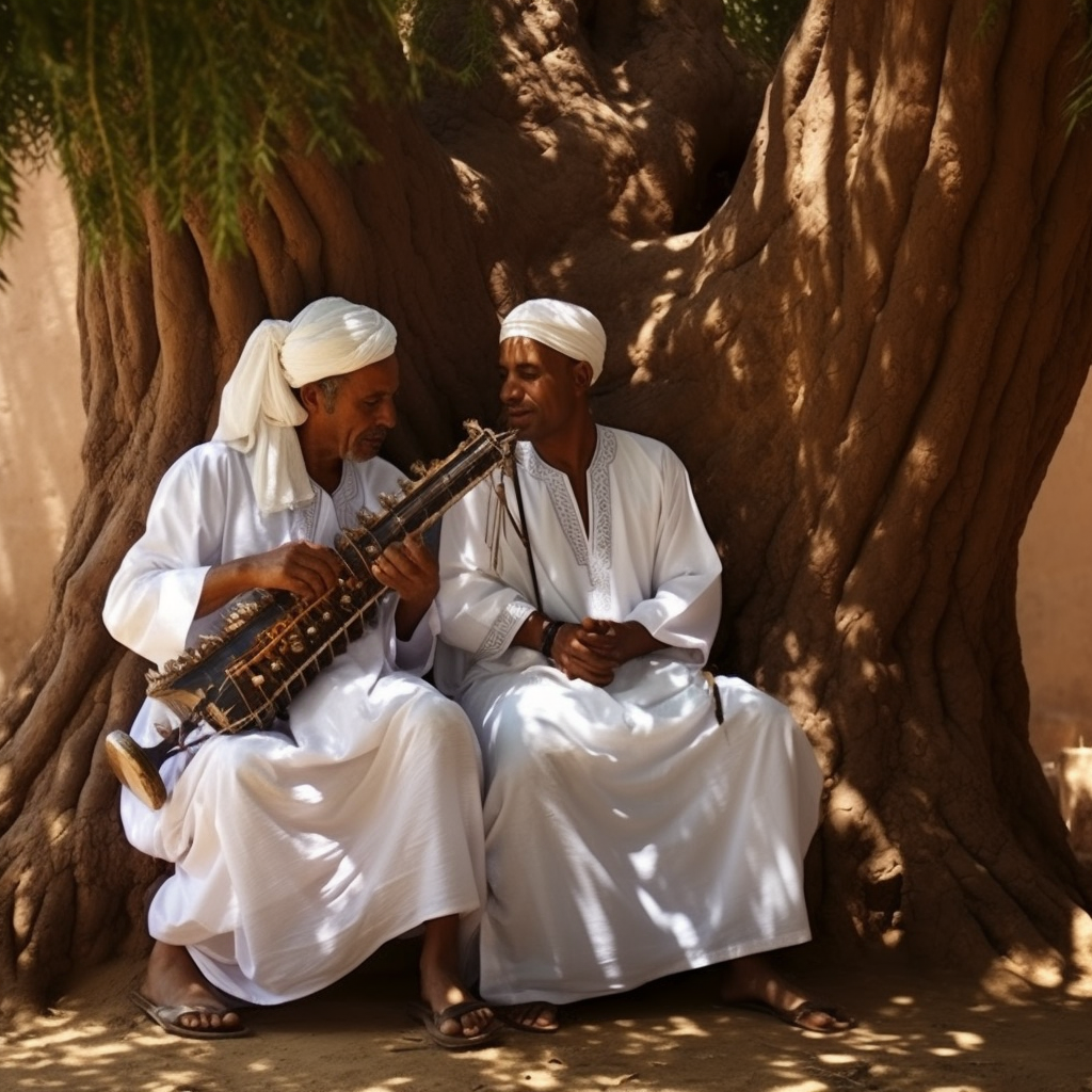 Two men resting under a tree in ancient Egypt