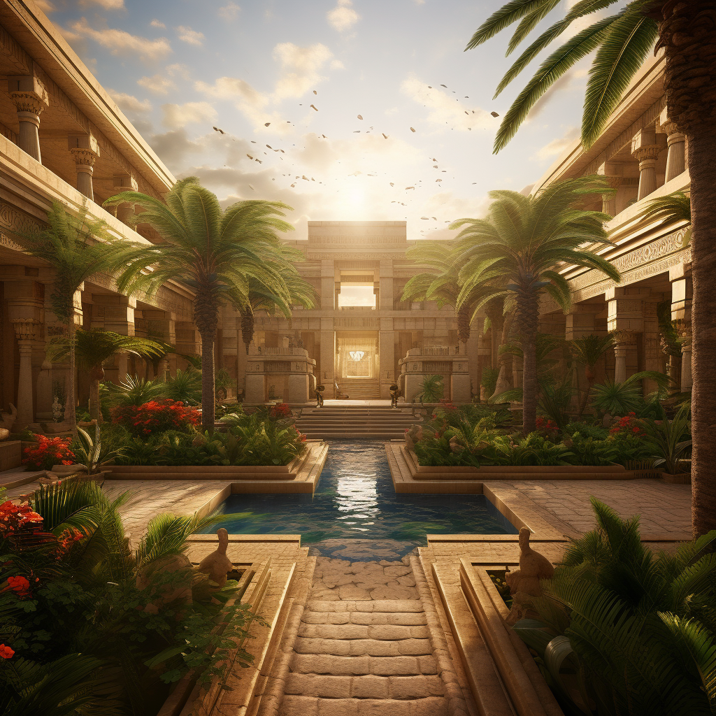 Stunning realistic photo of an ancient Egyptian palace garden