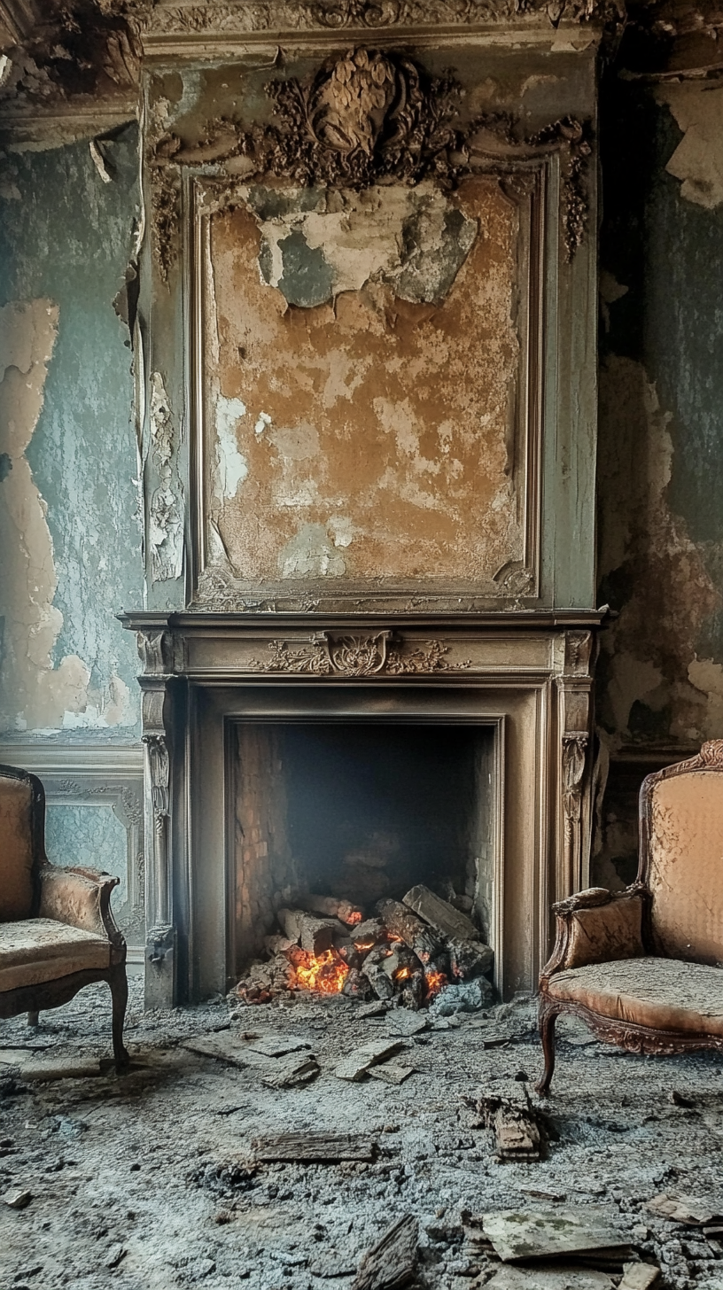 Ancient fireplace with old furniture