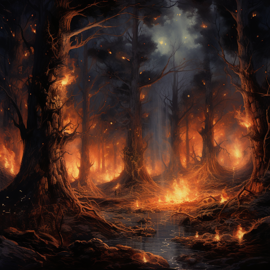 Ancient Forest Burning with Tall Flames