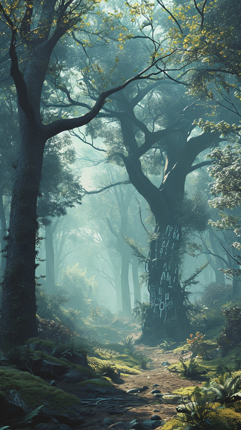 Engraved trees in ancient forest