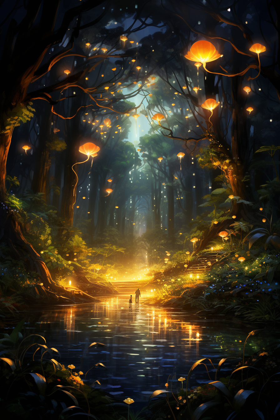 Beautiful forest with glowing fireflies