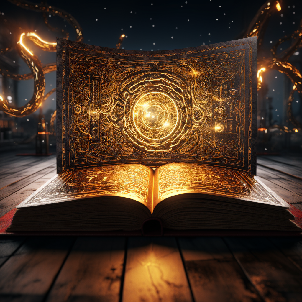 Open ancient book with glowing letter