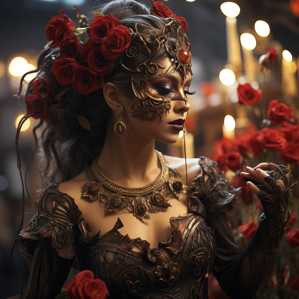 Ancient goddess in masquerade mask with roses