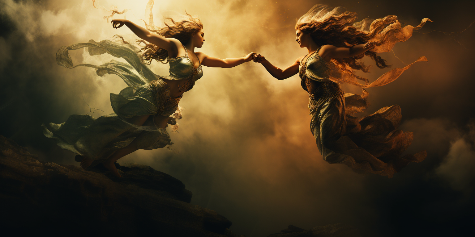 Two ancient goddesses in a sky battle