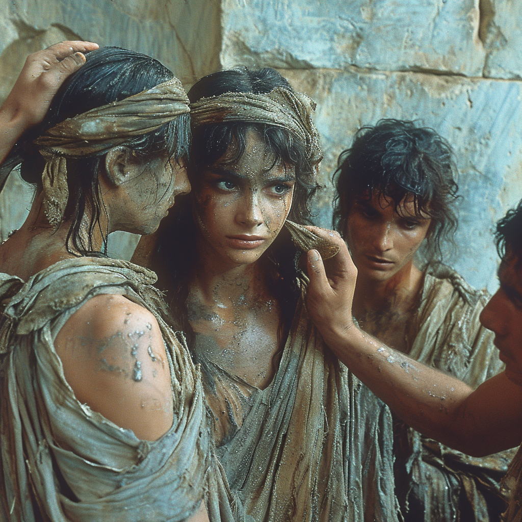 Woman being helped with makeup in ancient Greece