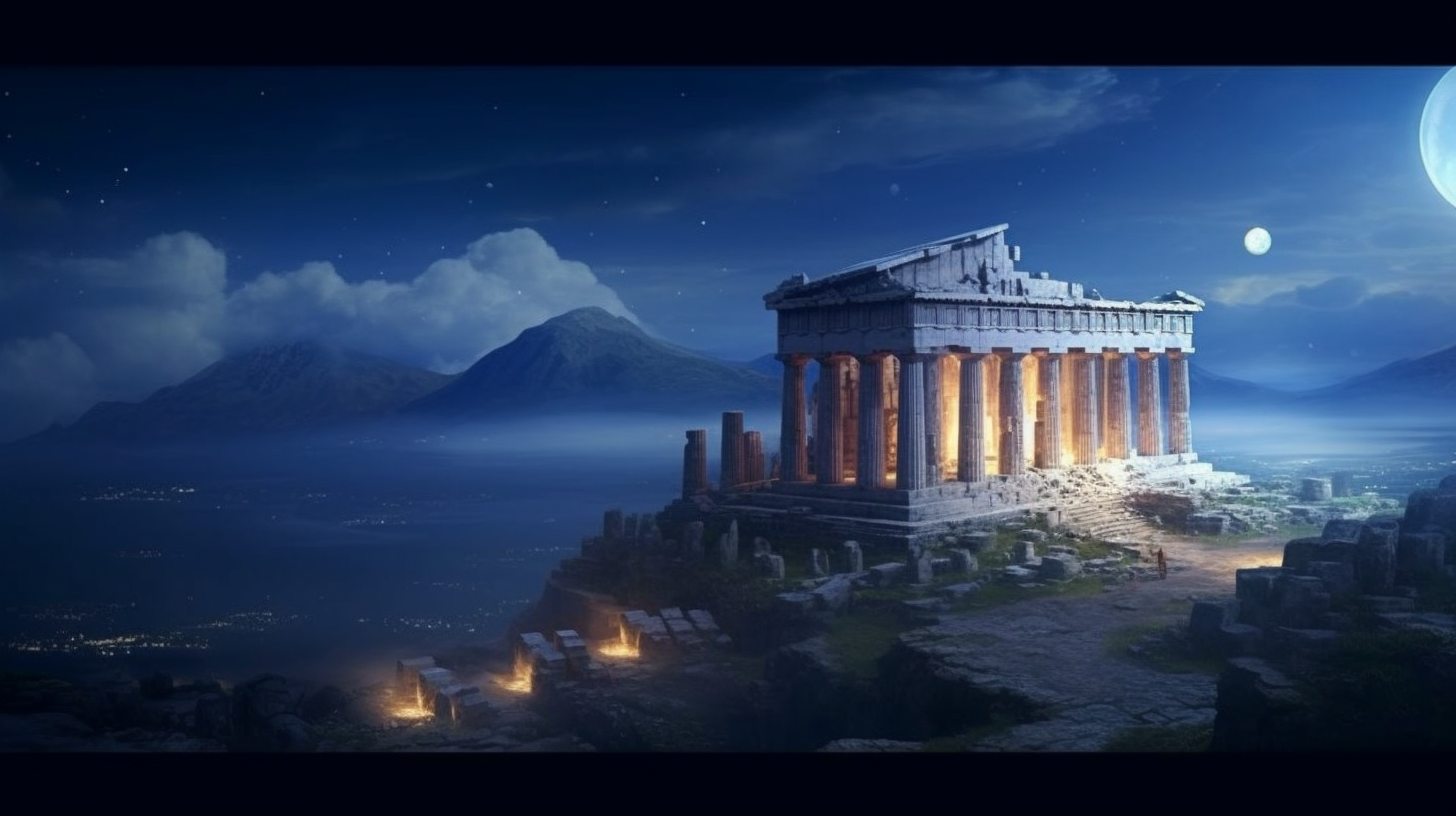 Serene moonlit landscape in ancient Greek night