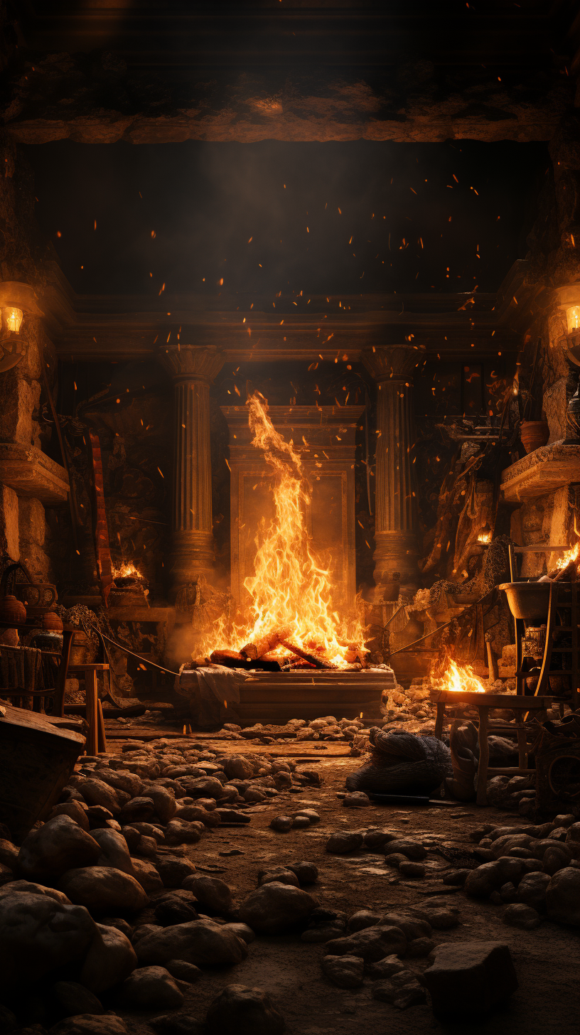 Ancient Greek room on fire with blurred background