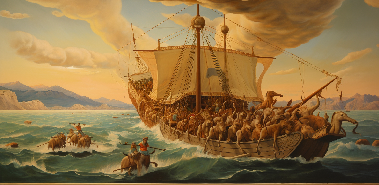 Ancient Greek trier rams Persian ship during battle