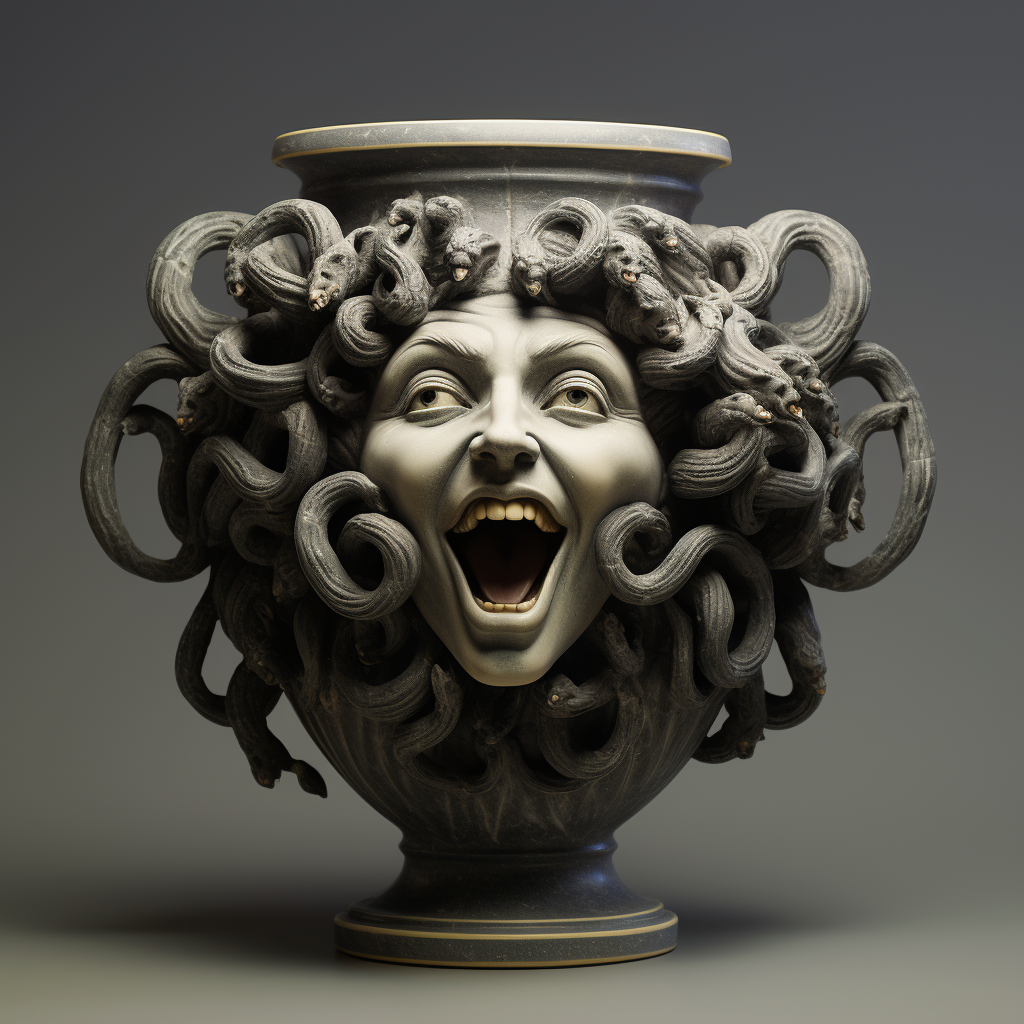 Greek vase showing smiling Medusa