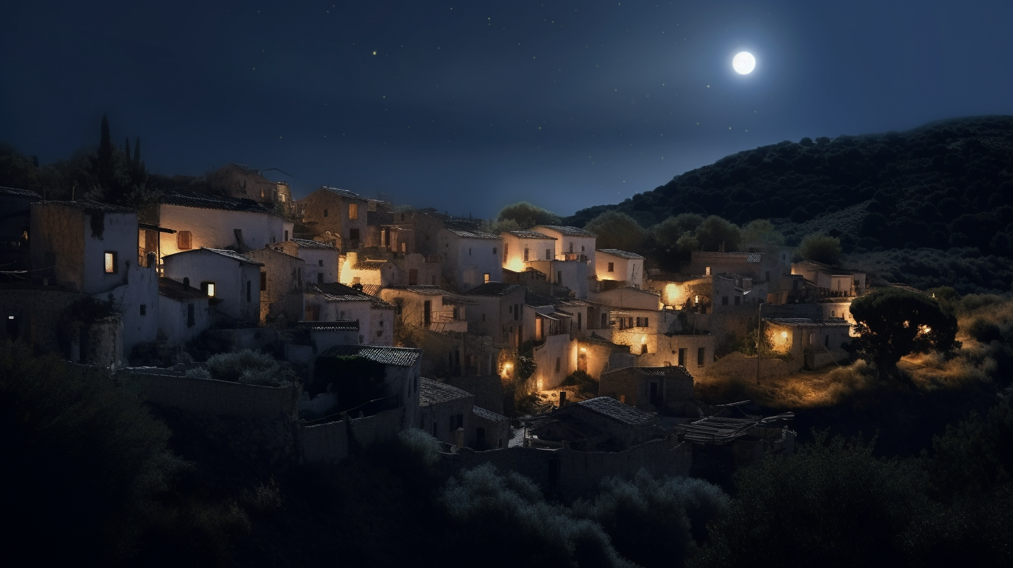 Ancient Greek Village in Moonlight