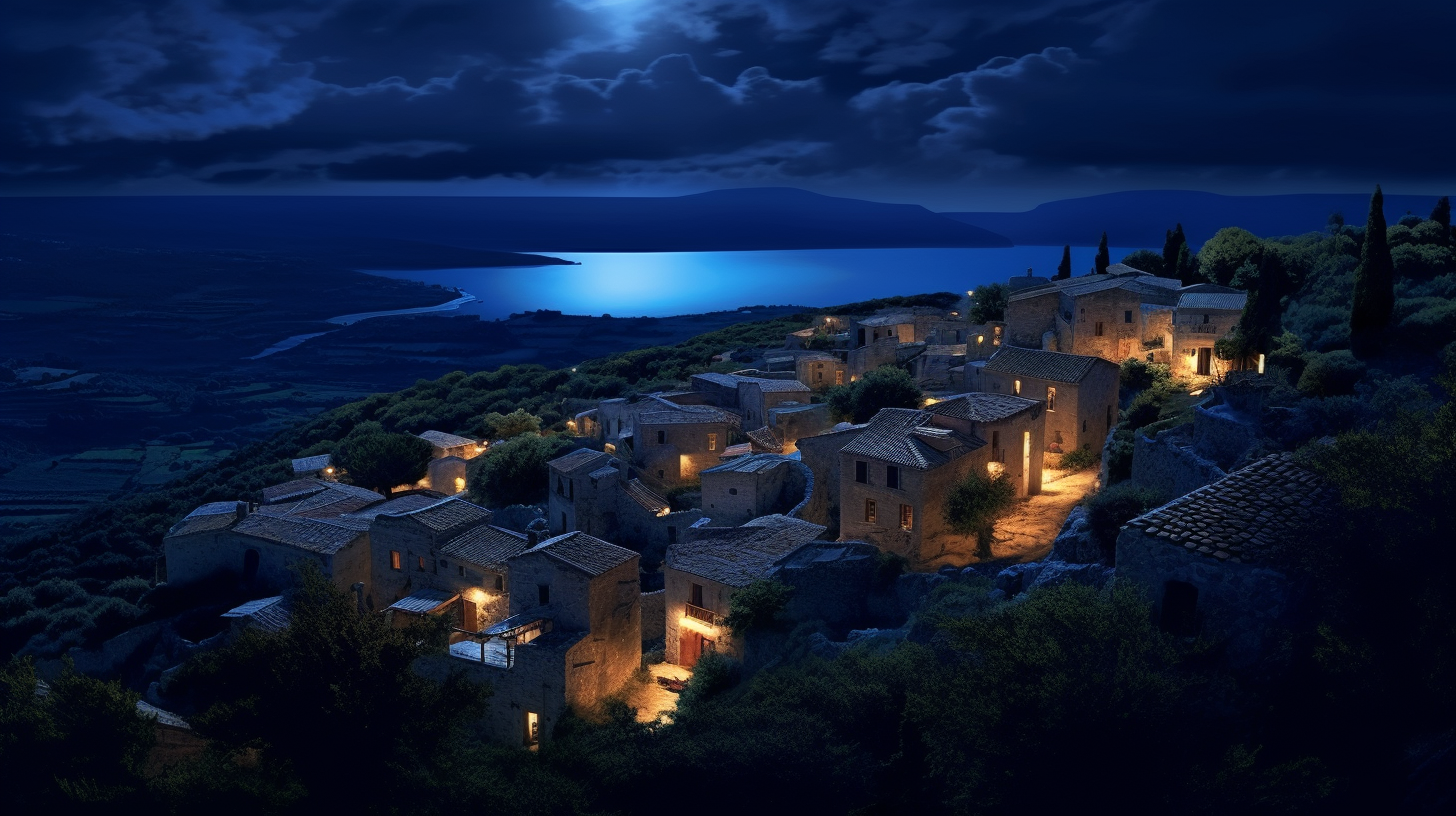 Serene moonlit Ancient Greek village