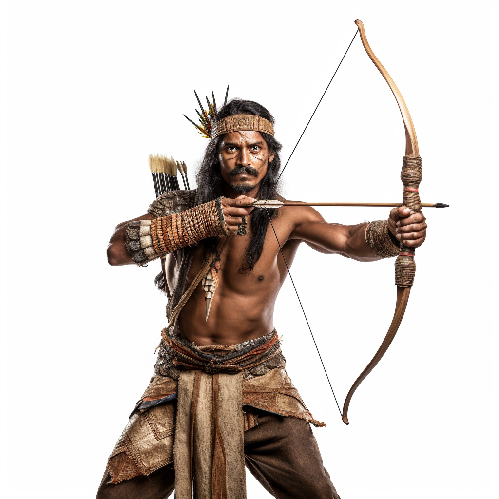 Ancient Indian Mauryan archer aiming bow dynamically