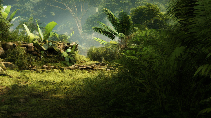 Thatchet ancient Indian open hut with lush greenery and open area in the foreground