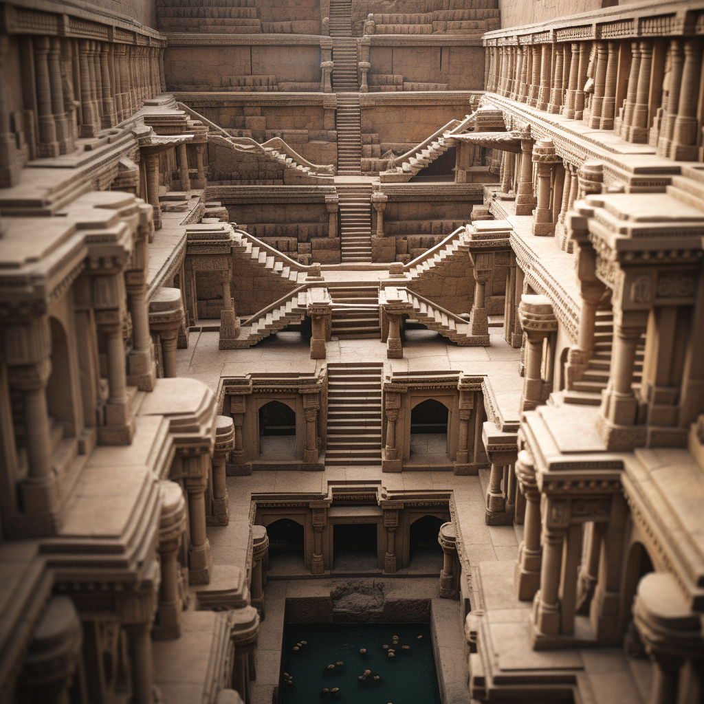 Realistic Ancient Indian Stepwell with People