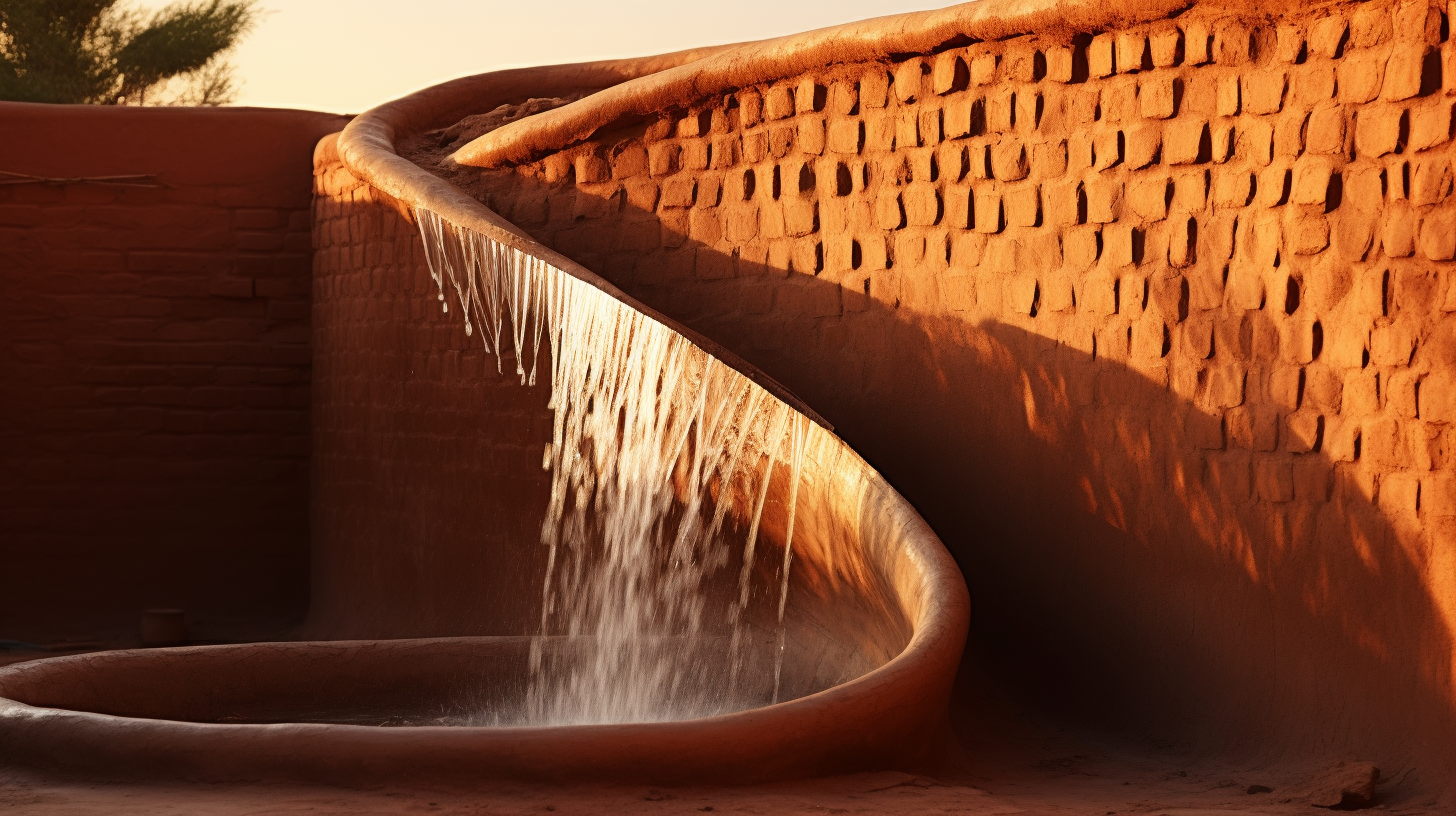 Water trickling from terracotta pipe into jar