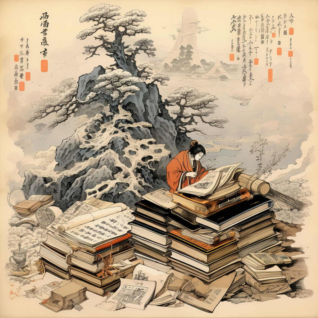 Ancient Japanese sage surrounded by books and scrolls