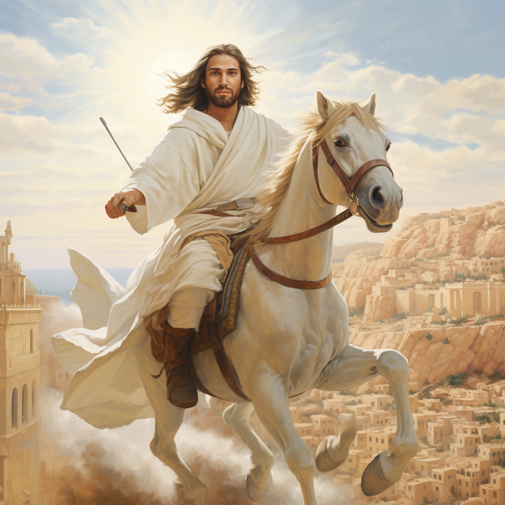 Jesus on a white donkey in ancient Jerusalem