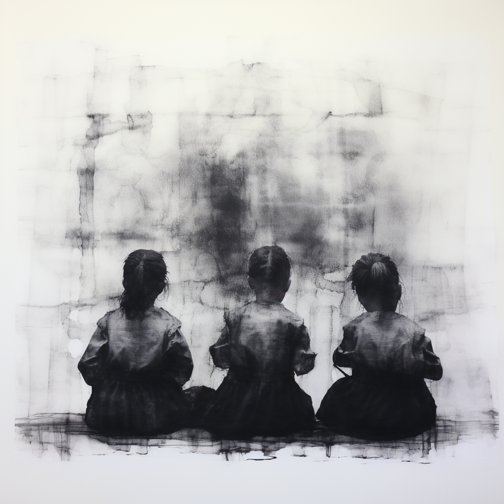 Group of praying ancient kids in encaustic painting