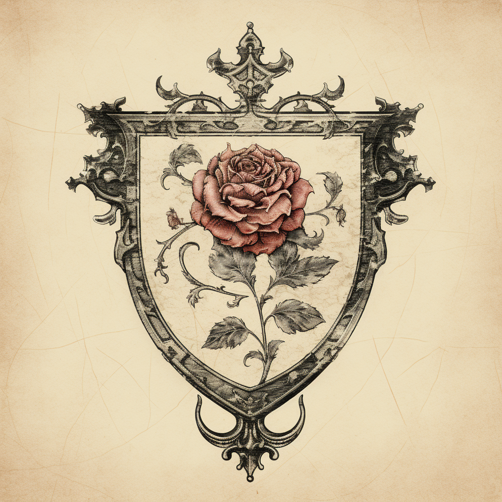 Detailed sketch of ancient knights crest with rose