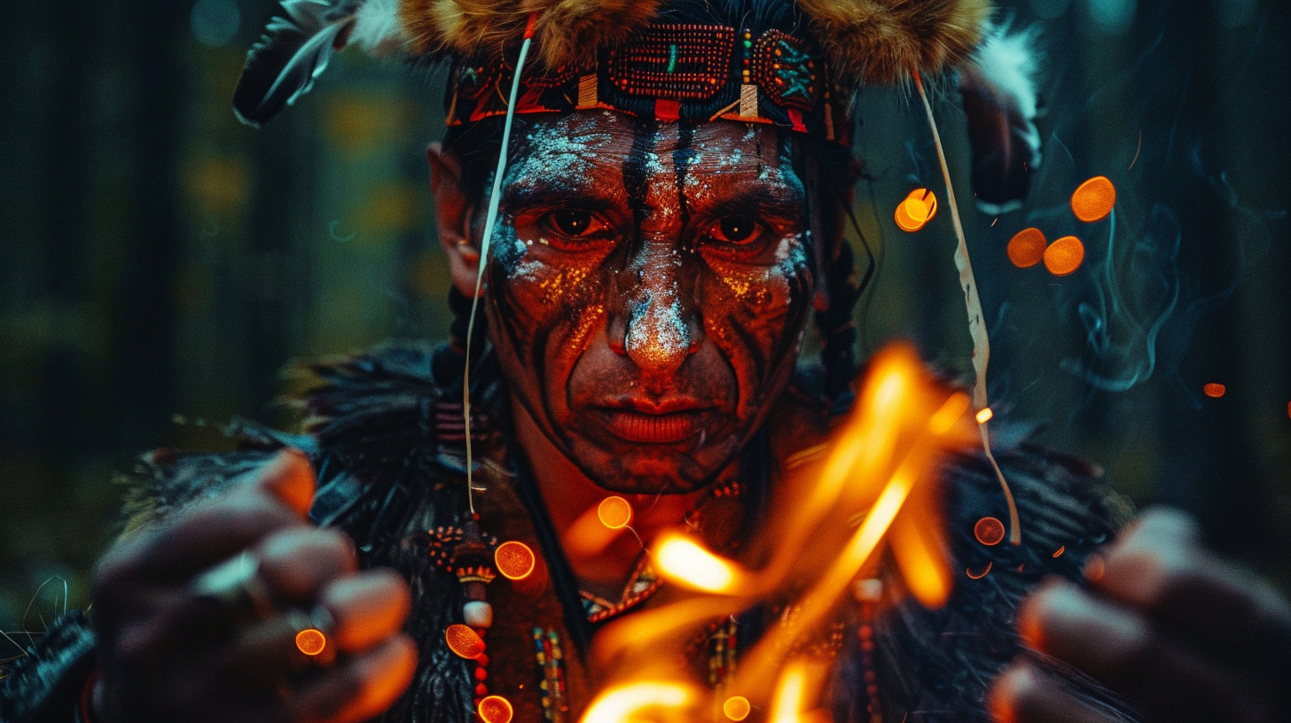 Normadic Warrior Making Fire in Woods