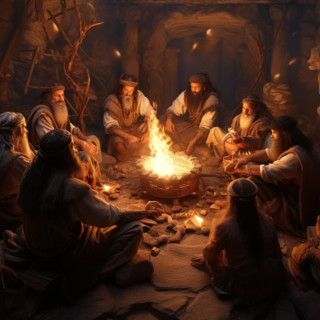 Ancient people around fire